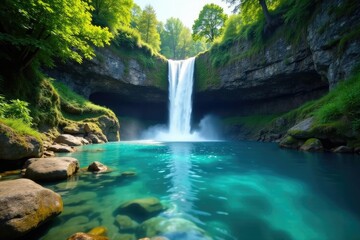 Tranquil pool of water with a waterfall in the background, Waterfall, Landscape