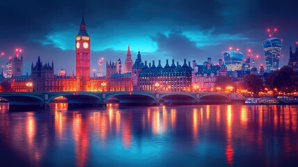 Obraz premium London Cityscape Night View Big Ben Illuminated