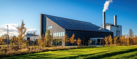 Obraz premium Modern Biomass Plant Surrounded by Solar Panels and Lush Green Landscape in Clear Blue Sky