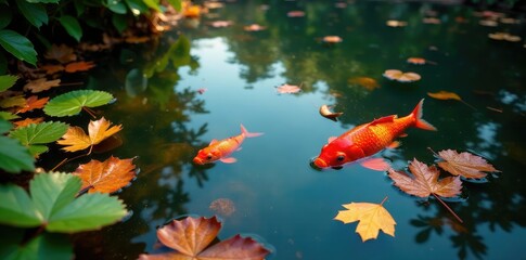 Aquatic plants and fallen leaves in a quiet pool, aquatic, autumn