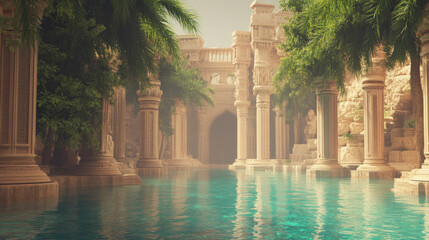 Fototapeta premium Tranquil oasis: A serene turquoise pool nestled within ancient, sun-drenched ruins, surrounded by lush palm trees.