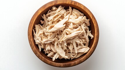Chicken breast flakes wooden bowl mat canned food, white background top down view
