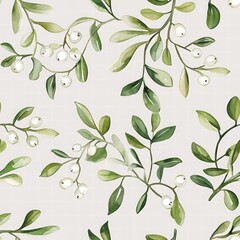 Light Green Botanical Pattern with Leaves and Berries Design