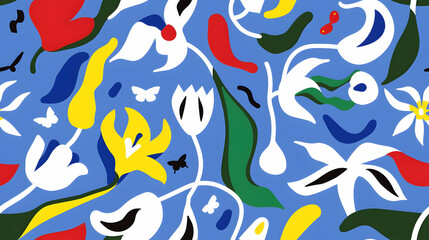 A vibrant abstract design featuring floral and organic shapes on a blue background.