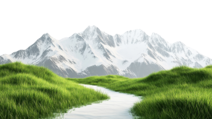 Small river flowing through green grass field with snowy mountains background on transparent background