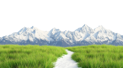 Snowy mountain range looming over green grass field with transparent background