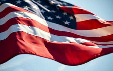 Obraz premium American Flag Flying Against Clear Blue Sky on a Windy Day