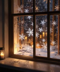 Snowflakes gently fall against a windowpane as warm lights glow softly inside the room , glowing interior, cozy winter evening, frosty glass