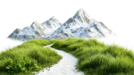 Snowy mountains rising above green grass field with path and transparent background