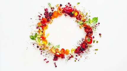 Nutritious vegan health food high in flavonoids and polyphenols. Also high in antioxidants bio flavonoids lycopene anthocyanins vitamins proteins fibre. Abstract circular design on white.