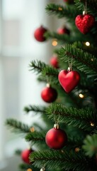 Decorated Christmas tree branches with red heart decorations, red heart decorations, holiday decor, merry atmosphere