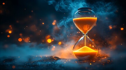 An hourglass with sand flowing, surrounded by smoke and soft lighting