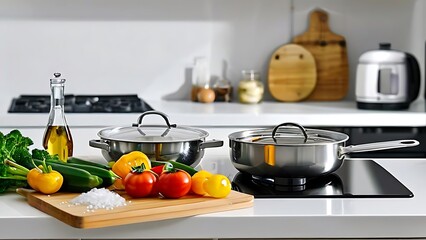 A kitchen counter holds cooking ingredients, including tomatoes, peppers, and garlic next to pots and pans, bottle of olive oil for any health or wellness representation of  Healthy Lifestyle
