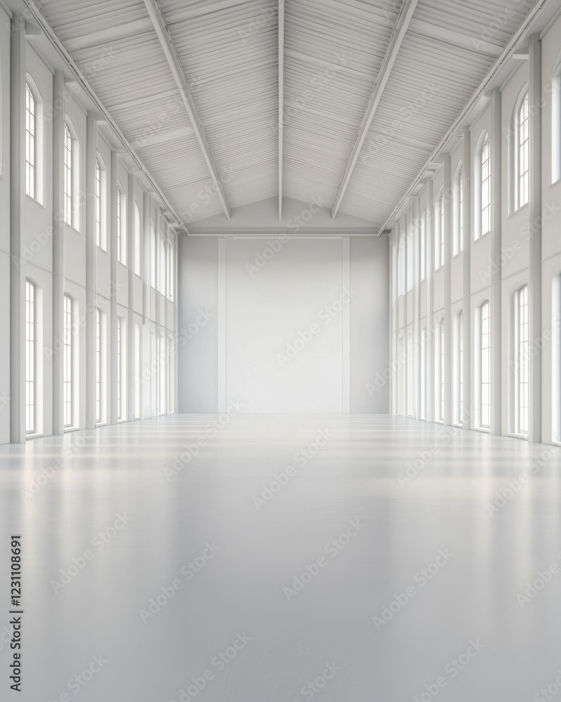 Poster a bright, spacious interior with large windows and a minimalist design, featuring a high ceiling and