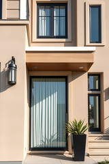 Modern House Exterior: Contemporary Architecture and Design.Luxury Home Entrance with Minimalist Style and Beige Facade. Real Estate