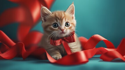 Adorable kitten with a red bow