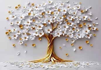 Elegant 3D luxury tree mural featuring white and gold flowers.