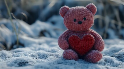 Frosty teddy holds a heart outdoors