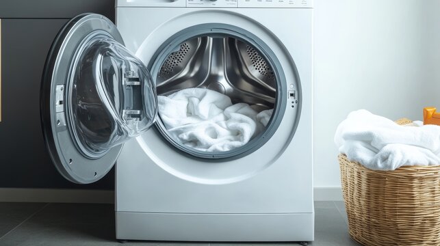 Open drum of a washing machine washing white bed linen. Rotating drum in a wash machine tub with clothes. front washing machine and taking clean wet laundry. Unloading washing machine. Housekeeping