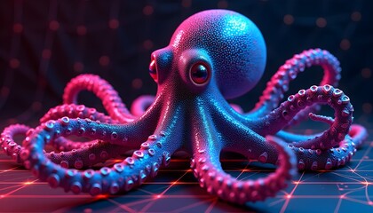 Obraz premium The vibrant illustration features a colourful cyber octopus