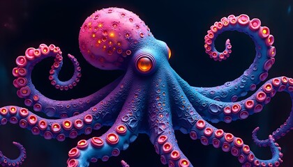Fototapeta premium The vibrant illustration features a colourful cyber octopus