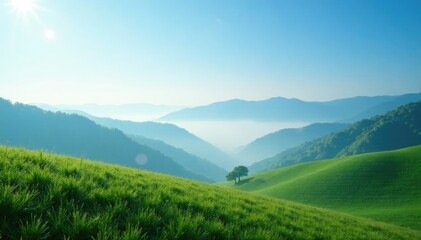 Gentle morning mist rises above rolling hills under a bright blue sky, atmosphere, misty, serene