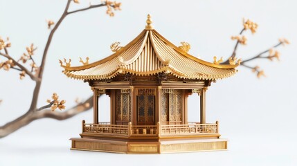 Naklejka premium A detailed miniature model of a traditional Asian pavilion with intricate designs, featuring a golden roof and surrounded by a subtle branch, set against a white isolated background