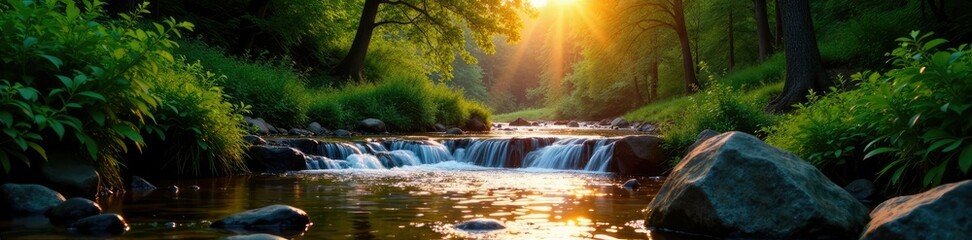 Obraz premium Gentle stream flows into a tranquil waterfall amidst a forest of tall trees and lush green foliage at sunset, stream, landscape