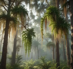 Spanish moss and ferns hanging from the branches of long leaf pines, spanish moss, natural scenery