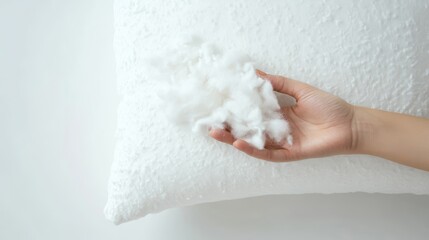 Cropped shot of female hand holding and showing fluffy fiberfill from pillow on white background with copy space hypoallergenic stuffing comfort sleeping concept