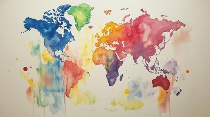 Vibrant watercolor world map, continents in rainbow hues. Illustrates global connectivity, travel, or unity.