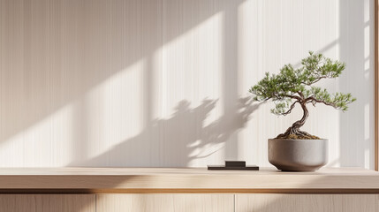 Fototapeta premium A minimalist desk, with a modern vase with Bonsai tree. 