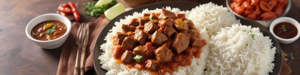 Spicy beef curry in a rich tomato sauce served over fluffy basmati rice, spicy, beef, tender beef