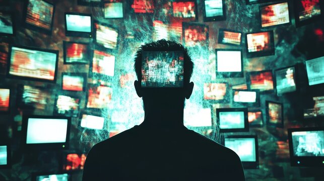 Creative abstract template collage of man monitor instead head white noise no signal questioned confused propagation fake news screen