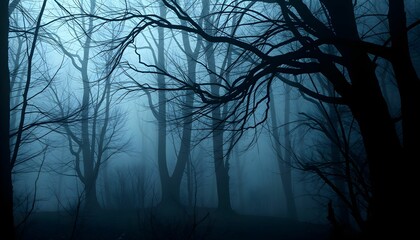 Obraz premium Enigmatic Shadows in the Misty Forest: A Dark and Brooding Landscape