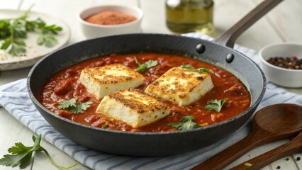 Pan-Seared Cottage Cheese in Spiced Tomato Sauce, cottage cheese, basmati rice, aromatic flavors