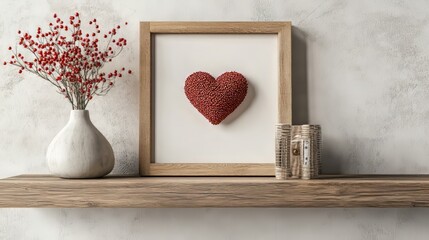 Red heart decor on a wooden shelf.
