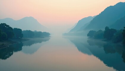 Fototapeta premium Morning mist on Mekong River Foggy atmosphere over the river, peaceful, river