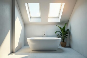 Fototapeta premium Natural light pouring in through skylights above a freestanding tub, soft white walls, minimalist, gray walls