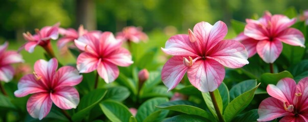 Pink and white ixora flowers in a lush garden bed, garden, greenery