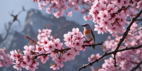 Pink cherry blossoms with a small bird perched on top, tree, cherry blossom, blossom