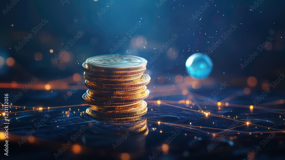 Poster a glowing stack of golden discs sits on a dark blue surface with a network of glowing lines. there i