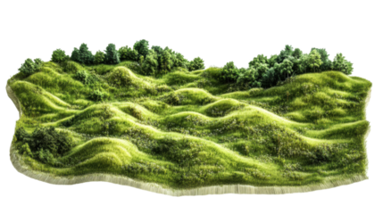 Green grassy hills and trees on a floating island with transparent background