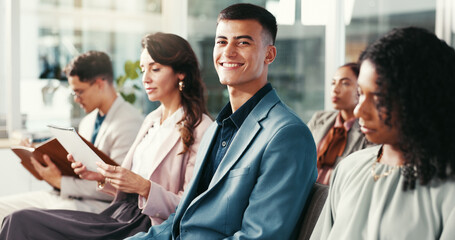 Business people, employees and man in portrait for conference, corporate training and career...