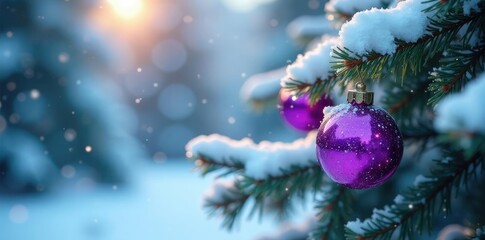 Snow-covered pine tree with purple glass balls and snowflakes, frosty atmosphere, snowflakes