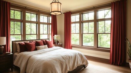 Fototapeta premium Spacious bedroom featuring a cozy bed large windows with red curtains and a classic pendant light.