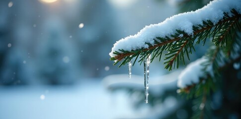 Snow-covered tannenbaum with icicle hanging down, snowflake, tannenbaum