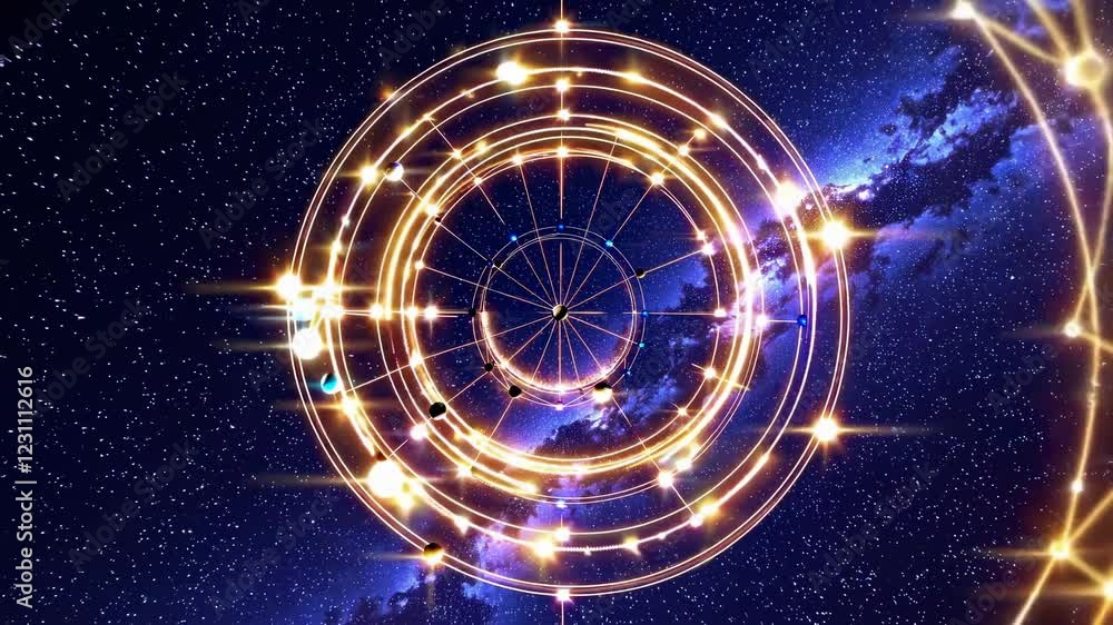 Poster a cosmic-themed video featuring a glowing circular structure with planets and stars, creating a sens
