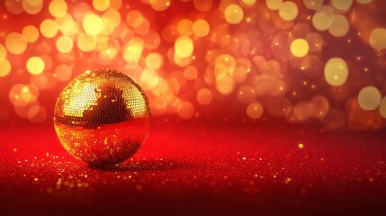 A golden disco ball on a red background