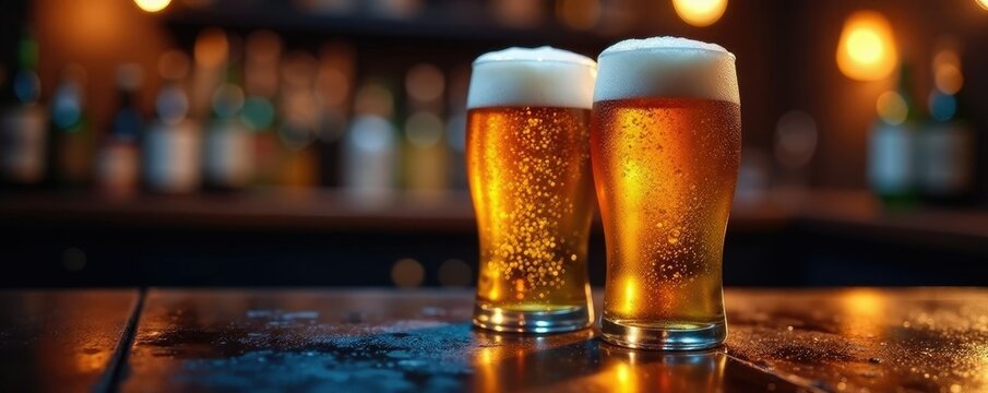 Tapa de cerveza con espuma latas y botellas desenfocadas en un ambiente nocturno, cerveza, fondo oscuro, botellas